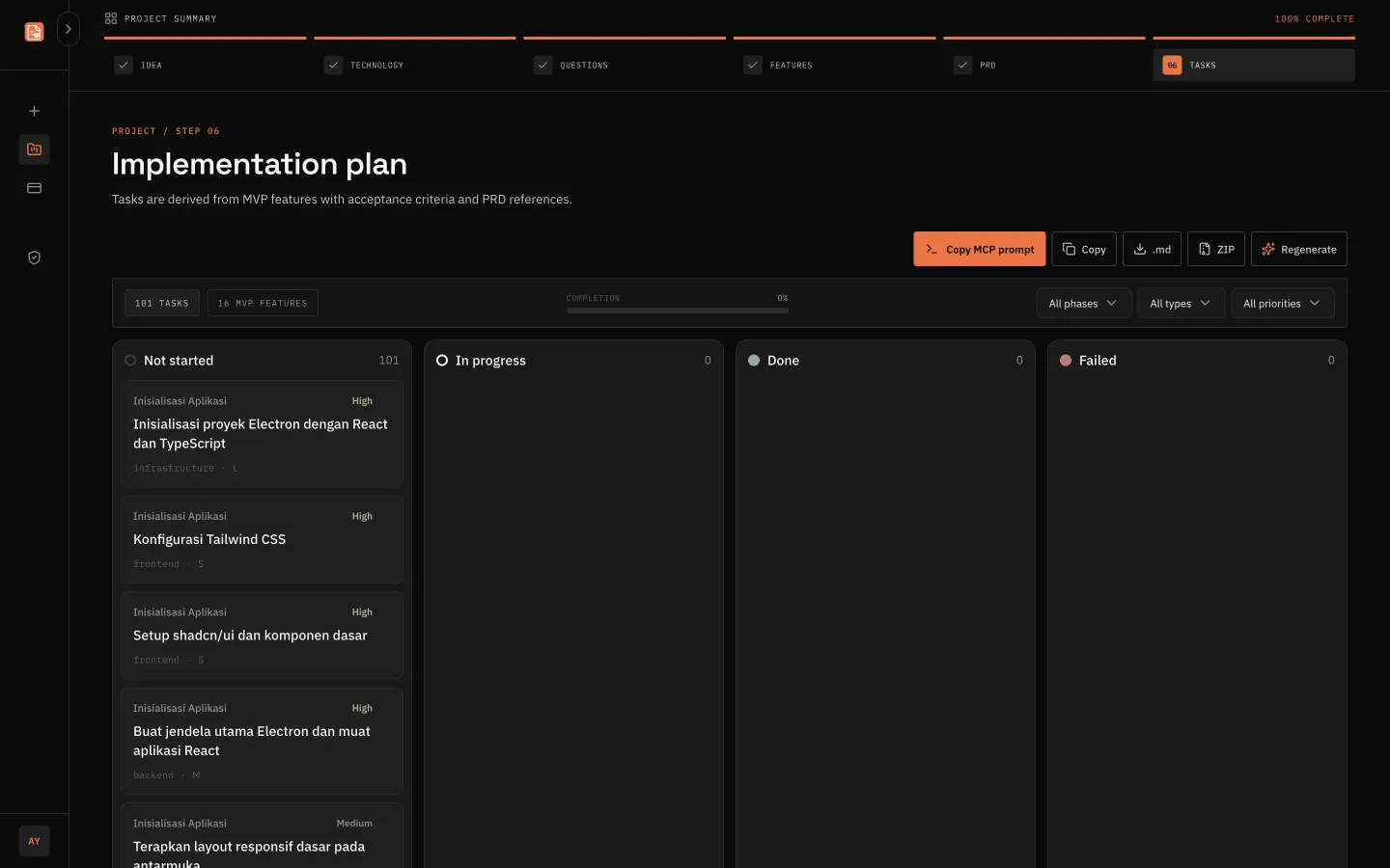 IlovePRD task board with 101 implementation tasks, filters, and buttons to copy the MCP prompt or export Markdown and ZIP
